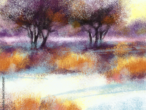 Winter landscape with trees in the field