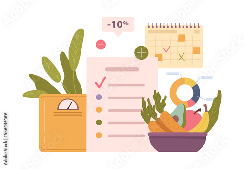 Dieting plan with menu and calories, list of products allowed in diet. Nutritionist and dietitian recommendation for healthy eating. Vector in flat style