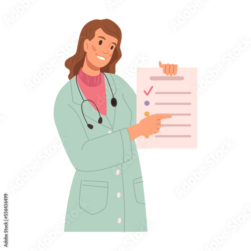 Dietitian showing meal plan, dieting program with healthy products and low calories ingredients. Weight loss and keeping fit. Flat cartoon character, vector illustration