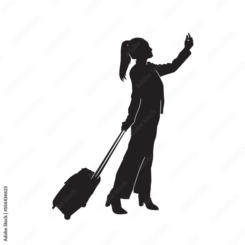 Vector black silhouette of stewardess, Air hostess Illustration walking with the suitcase. Vector black silhouette of stewardess, Air hostess Illustration walking with the suitcase.