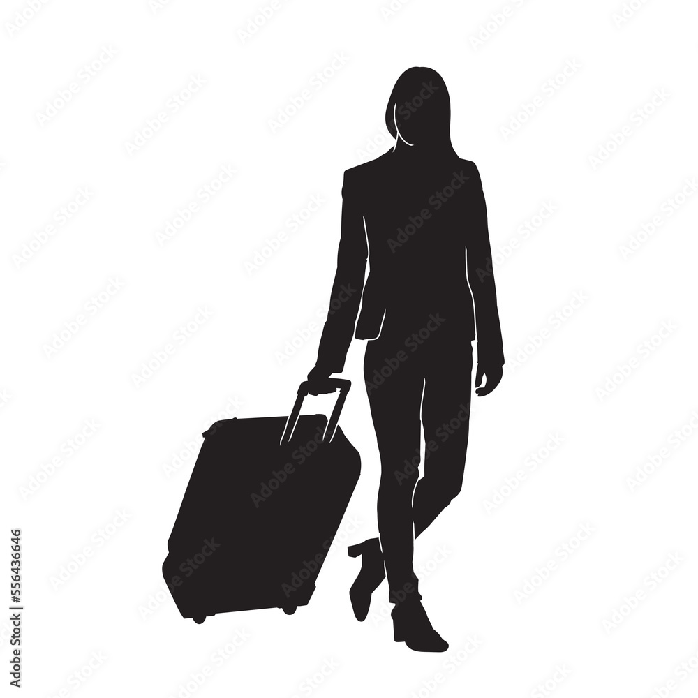 Vector black silhouette of stewardess, Air hostess Illustration walking with the suitcase. Vector black silhouette of stewardess, Air hostess Illustration walking with the suitcase.
