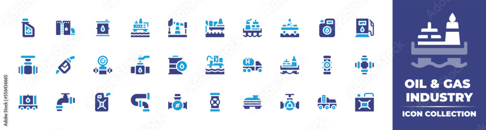 Oil and gas industry  icon collection. Duotone color. Vector illustration. Containing oil, oil barrel, oil rig, oil platform, valve, gas fuel, natural gas, oil truck, pipe, oil valve, and more.
