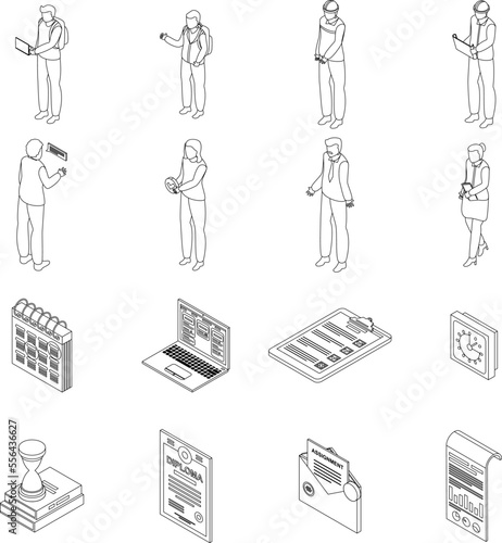 Assignment icons set. Isometric set of assignment vector icons for web design isolated on white background outline