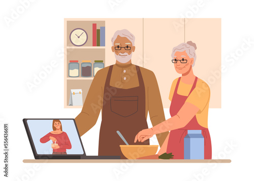 Senior people using modern technologies, grandmother and grandfather watching recipes on cooking channel on laptop and making food. Flat cartoon character vector