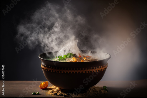 Delicious food noodles with vegetables in it with smoke coming out of the top, junk food concept