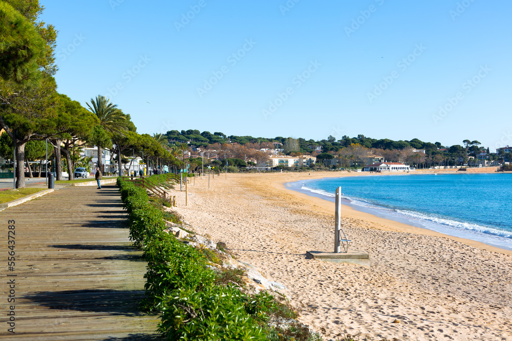 Deserted beach on a sunny winter day, Beach on the Catalan Costa Brava, Spain