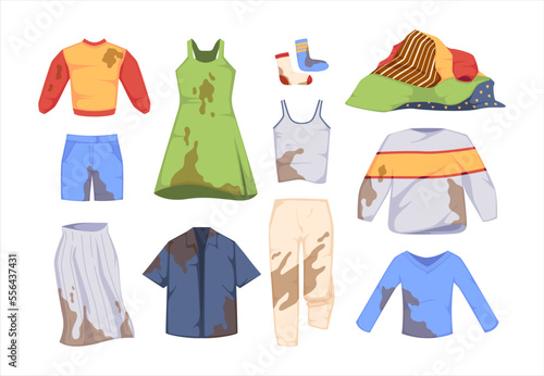 Set Of Dirty Clothes Isolated On White Background. Messy Garment , Shirt, Dress, Pants With Spots, Blobs And Stains