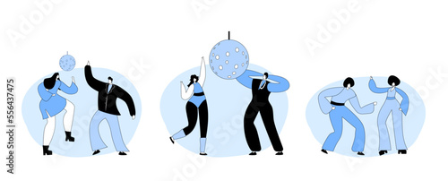 Group Of Young People In 1970s 1980s Fashion Style Of Clothes And Hairstyle Dancing Disco Dance Vector Illustration