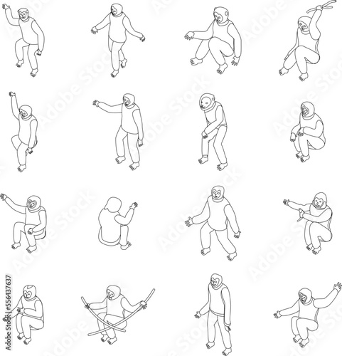 Gibbon icons set. Isometric set of gibbon vector icons for web design isolated on white background outline