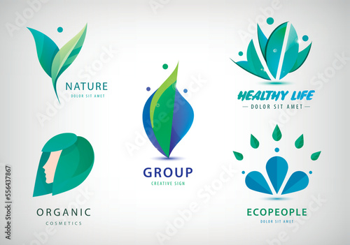 Vector set of green eco logos - men and leaves, organic products, healthy life concept.