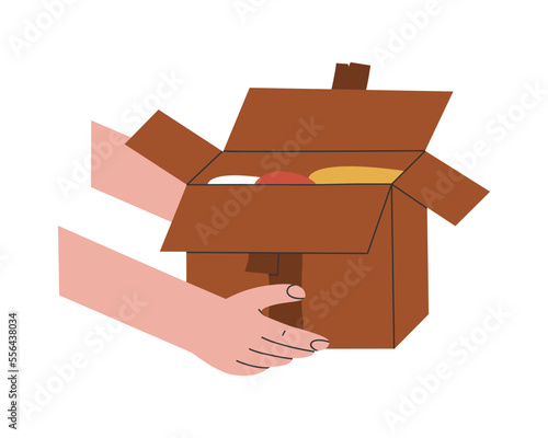 Hand drawn cute illustration of hands with donation box. Flat vector giving clothes or food to charity in colored doodle style. Philanthropy, volunteer, endowment sticker, icon or print. Isolated.