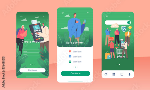 Safe Payment Mobile App Page Onboard Screen Template. Customer Characters Hold Digital Gadgets And Use Pos Terminal