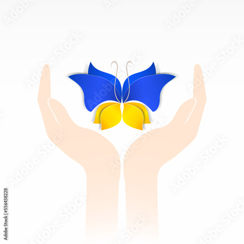 Butterfly of the colors of the Ukrainian national flag in human hands isolated on white background. Conceptual Vector illustration.