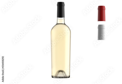 Bottle of white wine, tipe bordolese deco 75cl, alpha channel background, with stackable capsules on transparent, to make packshot and mockup, 3d rendering.