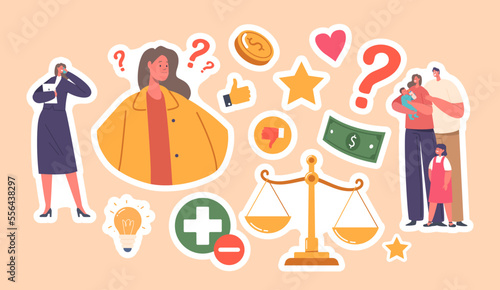 Set Of Stickers Female Character Making Choice Between Family And Career. Confused Woman, Businesswoman, Husband, Kids