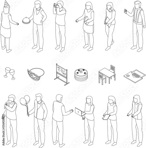 Event management icons set. Isometric set of event management vector icons for web design isolated on white background outline