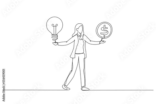 Drawing of businesswoman with lightbulb idea in his hand try to make money. Single line art style