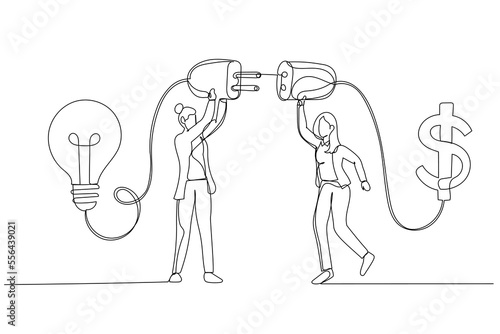 Cartoon of businesswoman connect lightbulb with money dollar sign concept of financial support. Single continuous line art style