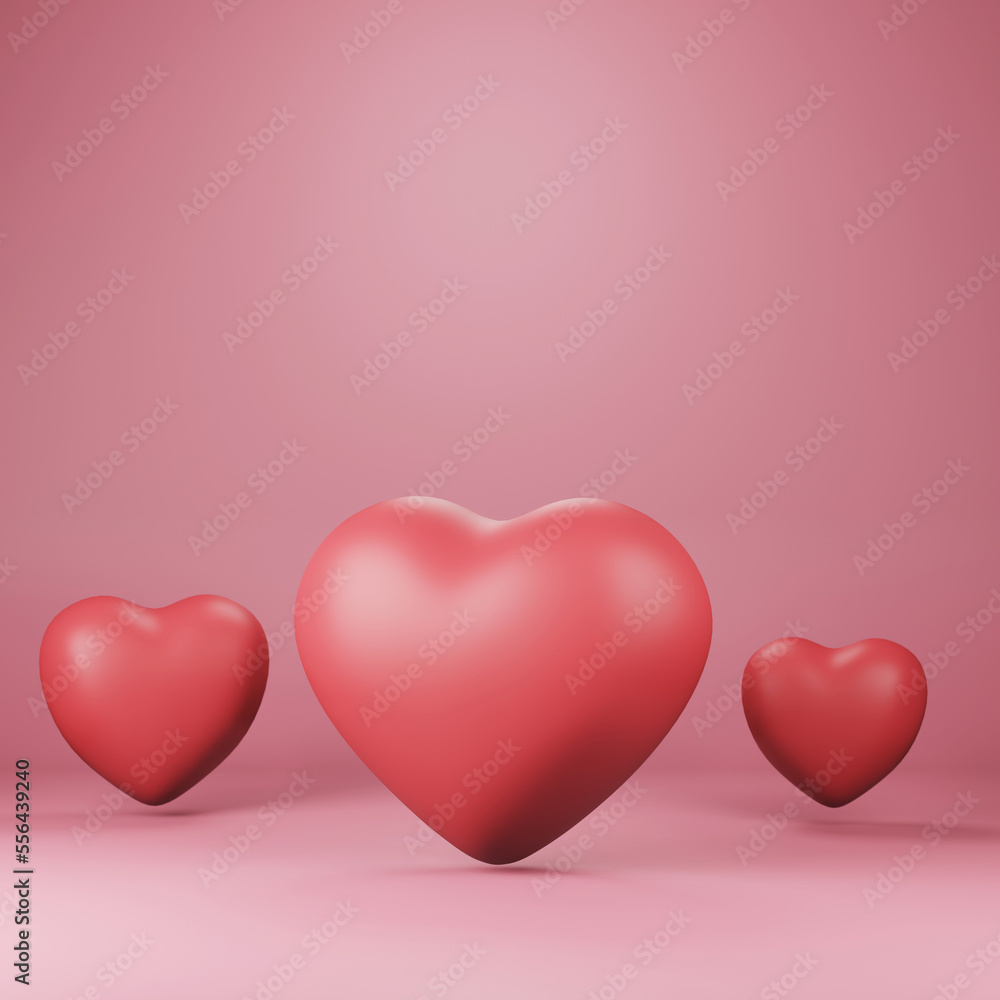 beautiful 3 red 3d hearts on red background , 3d rendering