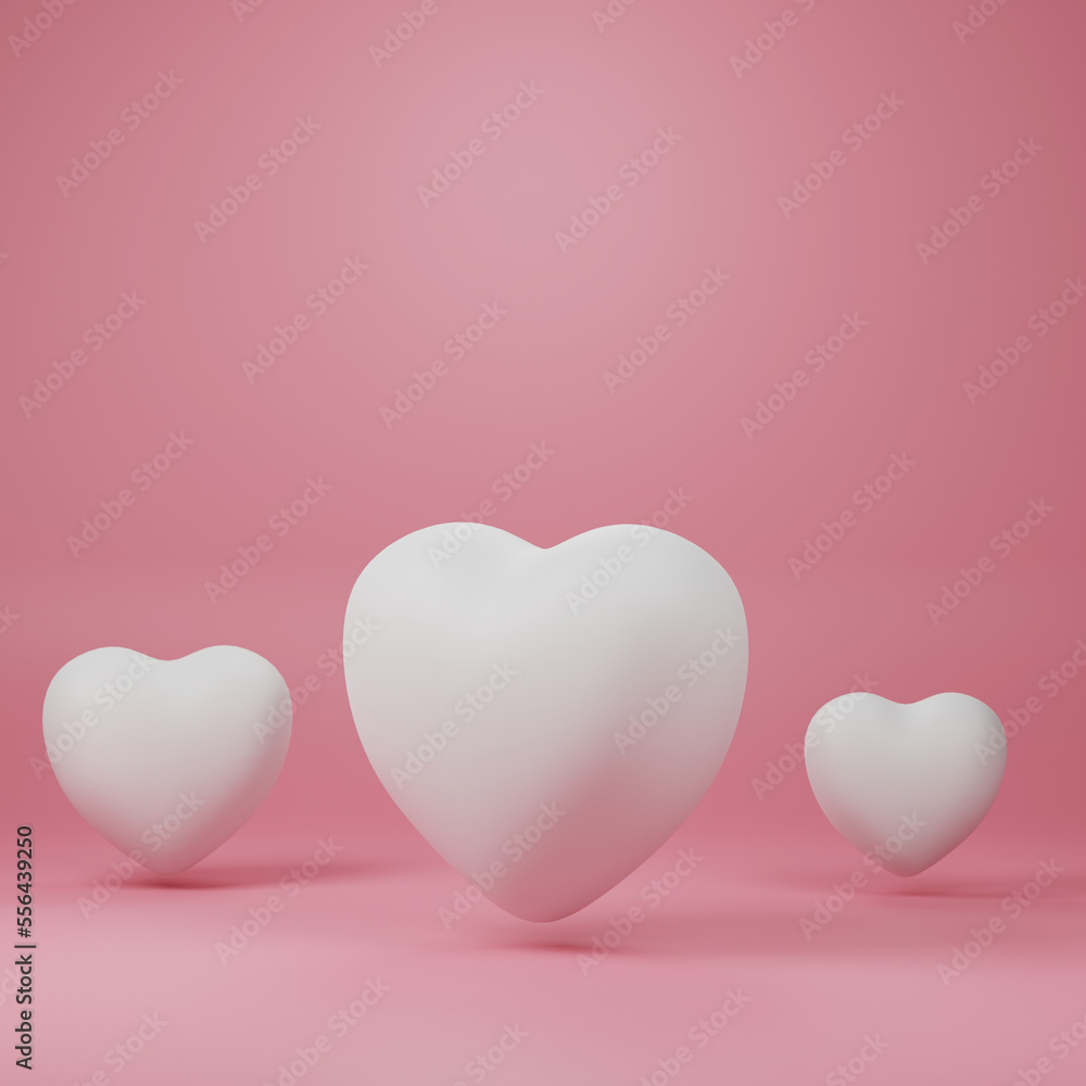 beautiful 3 white 3d  hearts on red background , 3d rendering