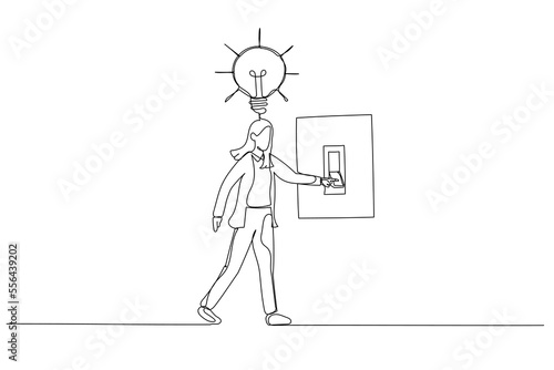 Cartoon of businesswoman switching on the switch to turn on lightbulb lamp over his head concept of inspiration. Continuous line art style