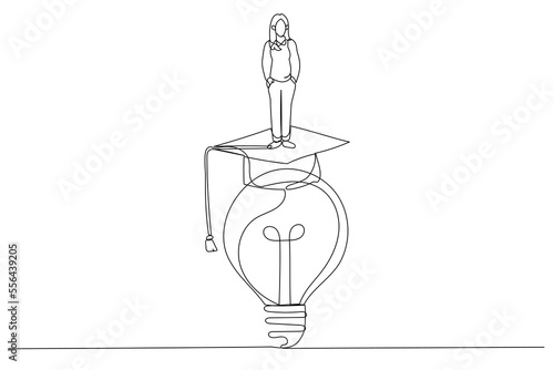 Drawing of businesswoman climb up bright light bulb idea waring mortarboard graduation cap concept of education help. One continuous line art style