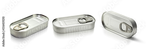 Tin Cans of Sardines or Anchovies set. Close up isolated on white background