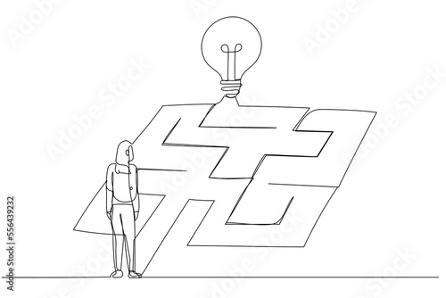 Drawing of businesswoman looking idea in the maze labyrinth concept of achieving the goal. Single line art style