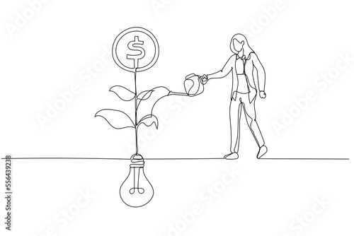 Cartoon of businesswoman watering on growing money coin seedling plant from lightbulb idea metaphor of monetize idea. Single continuous line art style