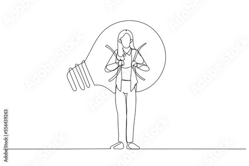 Drawing of businesswoman carry idea concept creating business opportunity. Single line art style