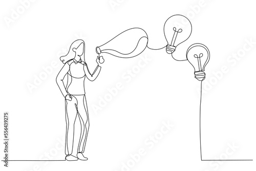 Cartoon of businesswoman blowing soap bubble into innovation bright light bulb ideas metaphor of creativity. Single continuous line art style