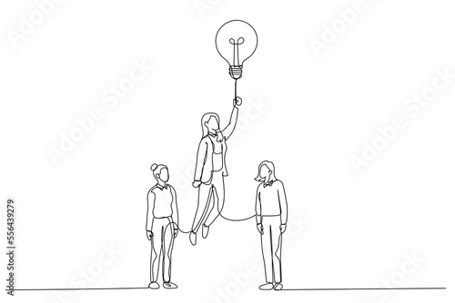 Illustration of businesswoman rising on bulb balloon try to find opportunity. One line art style