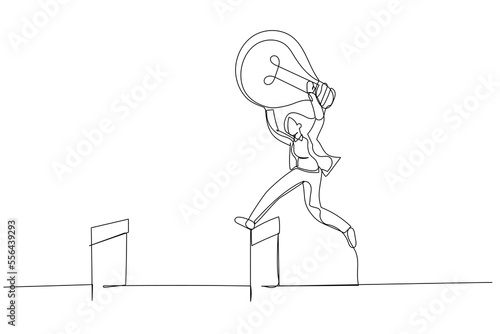 Drawing of businesswoman jumping over hurdle. Single line art style