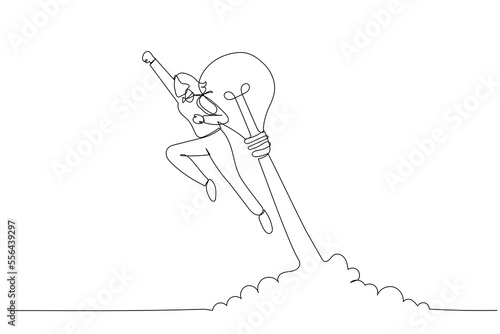 Cartoon of businesswoman launch himself with lightbulb concept of idea rocket. Continuous line art
