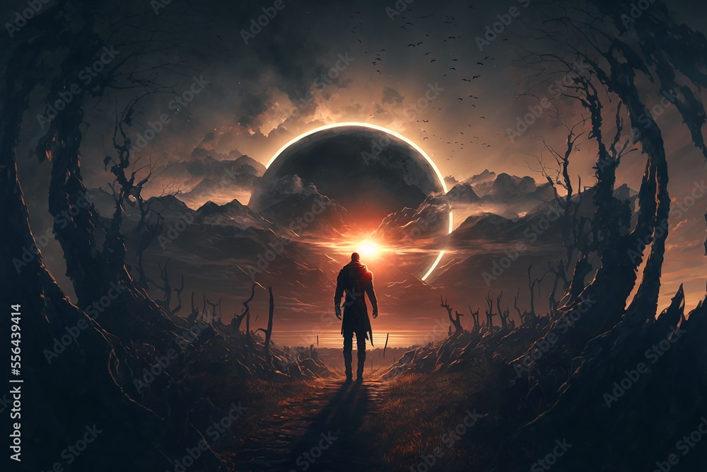 epic dark fantasy setting,man walking on trails of bodies staring at an eclipse. Generative AI
