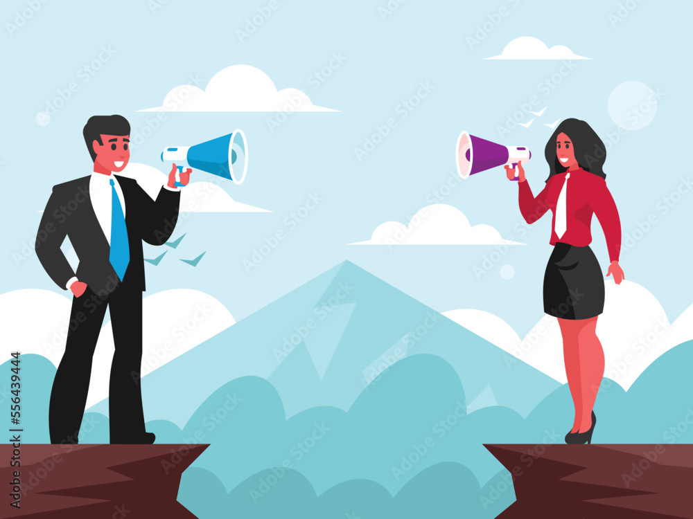 Business people stand on opposite sides of a cliff and talk to each other on a megaphone. Vector graphics