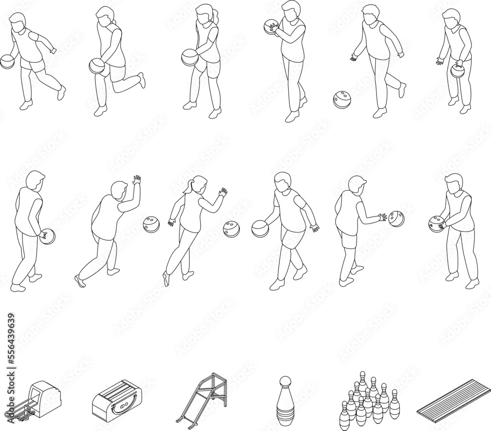 Kids playing bowling icons set. Isometric set of kids playing bowling vector icons for web design isolated on white background outline Kids playing bowling icons set. Isometric set of kids playing bowling vector icons for web design isolated on white background outline