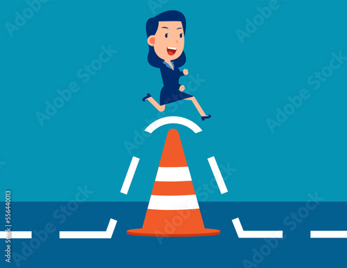 Business person jump pass traffic pylon roadblock. Overcome business obstacle