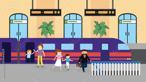 The family leaves the train on the platform of the railway station