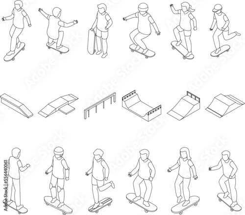 Children skateboarding icons set. Isometric set of children skateboarding vector icons for web design isolated on white background outline