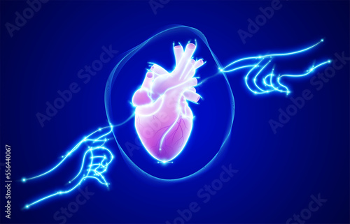 Line illustration of two glowing human hands touching a heart with a finger in the center on a dark blue background. Medical, scientific and commercial use.