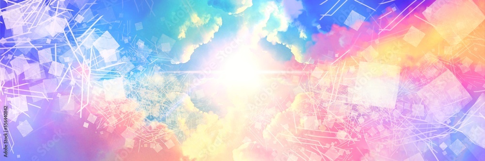Wide size fantasy landscape illustration of a beautiful heavenly entrance with geometric textures shining divinely through rainbow-colored clouds.
