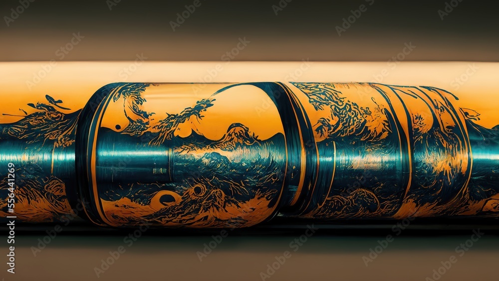 Green and yellow print-like pattern, Ukiyo-e graphics in CylinderElegant, elegant, dramatic and luxurious Japanese style Katsushika Hokusai style graphic elements generated by Ai