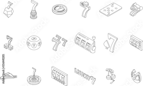 Lucky 7 icons set. Isometric set of lucky 7 vector icons for web design isolated on white background outline