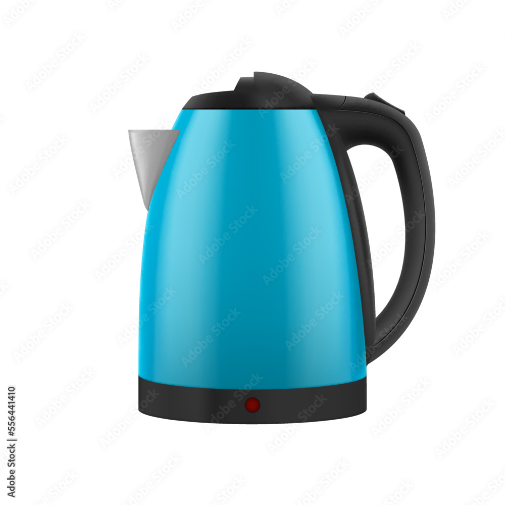 Household Electric Kettle with Closed Lid in Blue Color. Realistic Kitchen Appliance to Heat Water and Make Hot Drinks on White Backdrop Household Electric Kettle with Closed Lid in Blue Color. Realistic Kitchen Appliance to Heat Water and Make Hot Drinks on White Backdrop