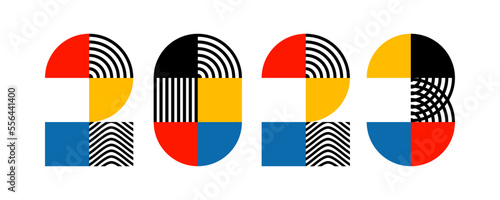 2023 Happy New Year. Artistic geometric printing type. Stylized alphabet