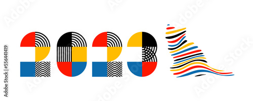 Happy New Year 2023. Trendy font in retro Bauhaus design style with symbol of year - cat.
