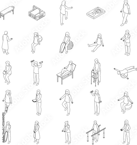 Physical therapist icons set. Isometric set of physical therapist vector icons for web design isolated on white background outline
