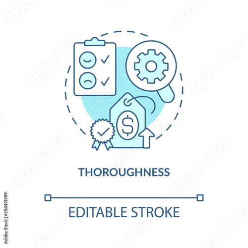 Thoroughness blue concept icon. Accurate process. Price testing key factor abstract idea thin line illustration. Isolated outline drawing. Editable stroke. Arial, Myriad Pro-Bold fonts used