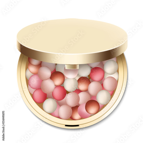 Blush balls, powder balls in round gold case with mirror, colorful blush balloons, realistic 3d vector illustration, isolated on white background. Decorative cosmetics for beauty.